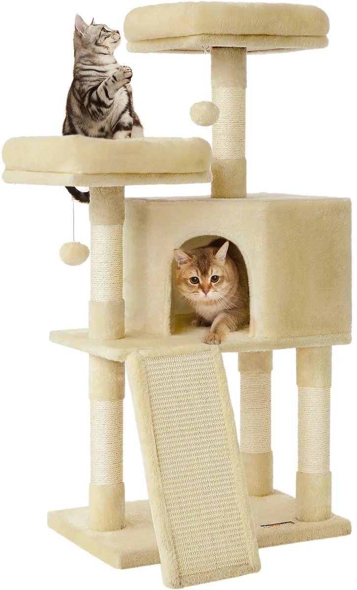 Krabpaal - Kattenboom - Voor Katten - 115 cm Hoog - Met Krabplank från Feandrea i Beige – produktbild