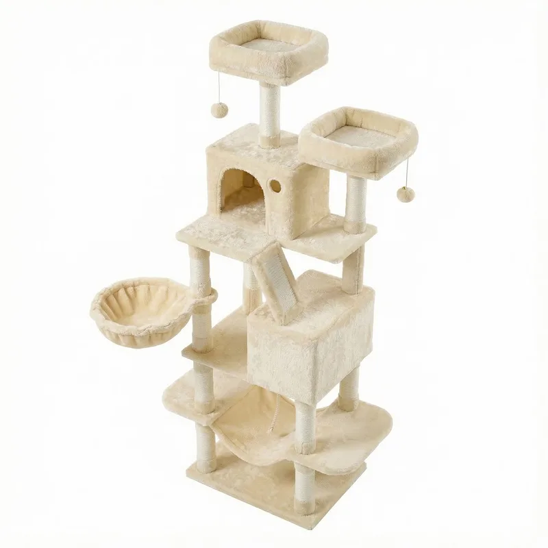 Krabpaal - Kattenboom - Voor Katten - 13 Krabpalen - 2 Platforms - Mand en Hangmat von Feandrea in Beige – Produktfoto