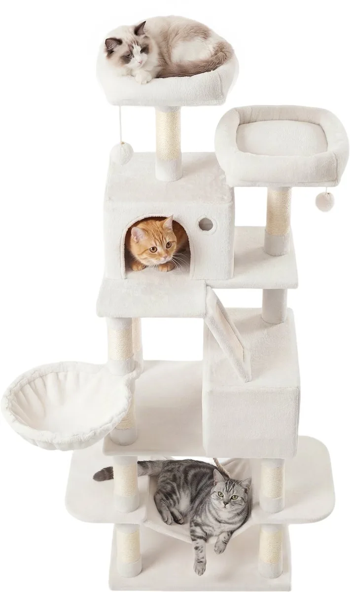 Krabpaal - Kattenboom - Voor Katten - 168 cm Hoog - 13 Krabpalen - 2 Platformen - 2 Grotten de Feandrea en Blanc – photo produit