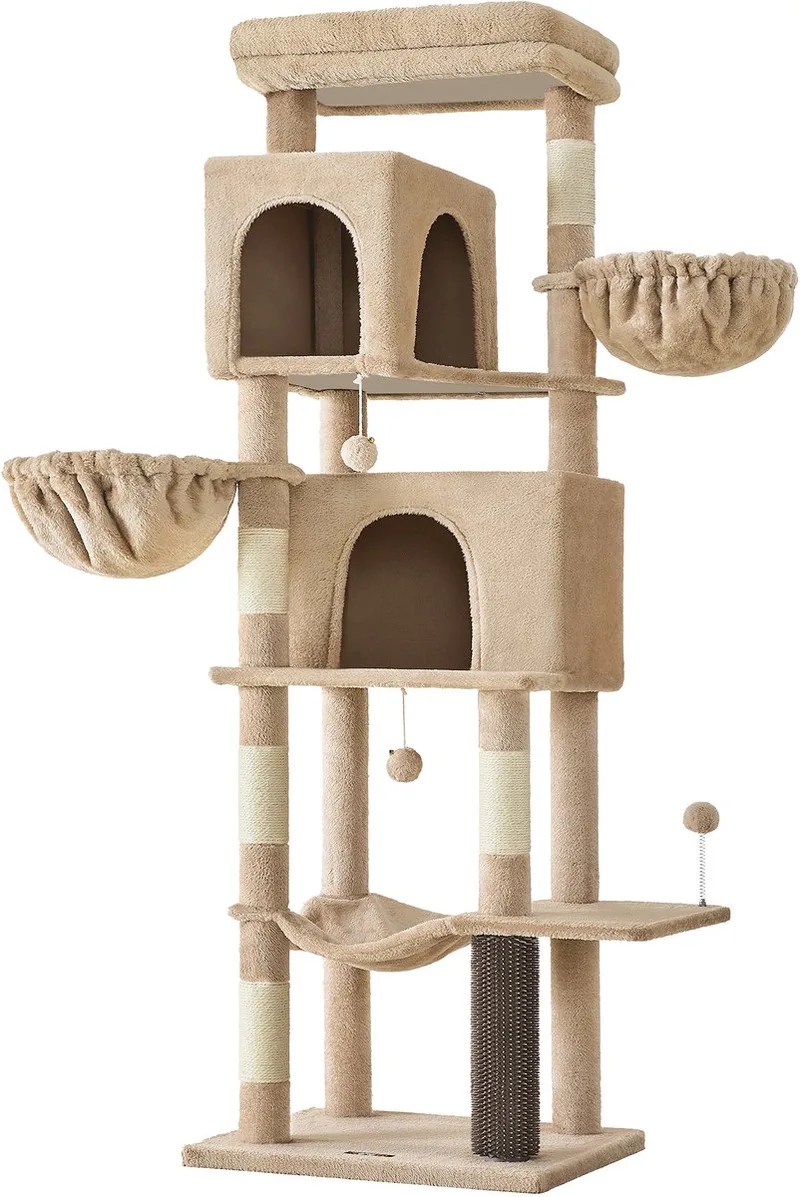Krabpaal - Kattenboom - Voor Katten - 175 cm Hoog - 2 Grotten - 2 Hangmatten - 5 Krabpalen de Feandrea en Marron – photo produit