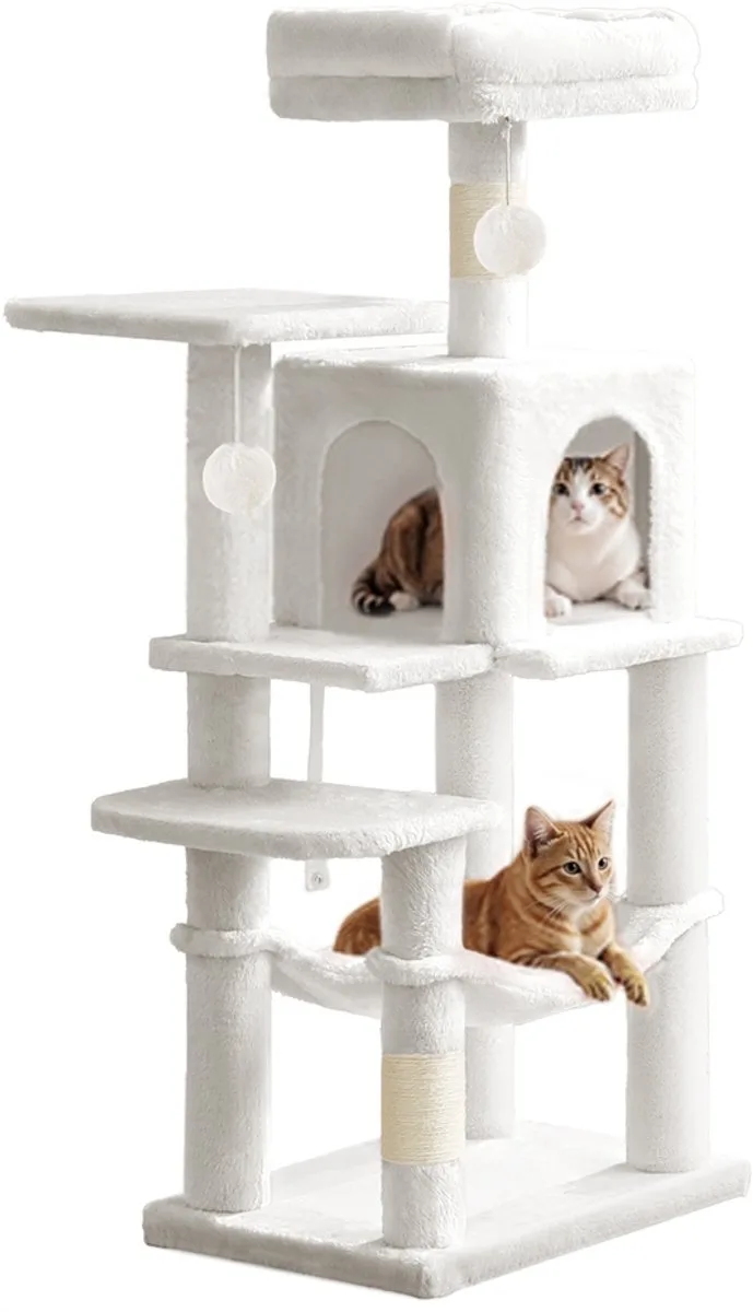 Krabpaal - Kattenboom - Voor Katten - 4 Krabpalen - 2 Plateaus - 1 Hangmat - 1 Huisje de Feandrea en Blanc – photo produit