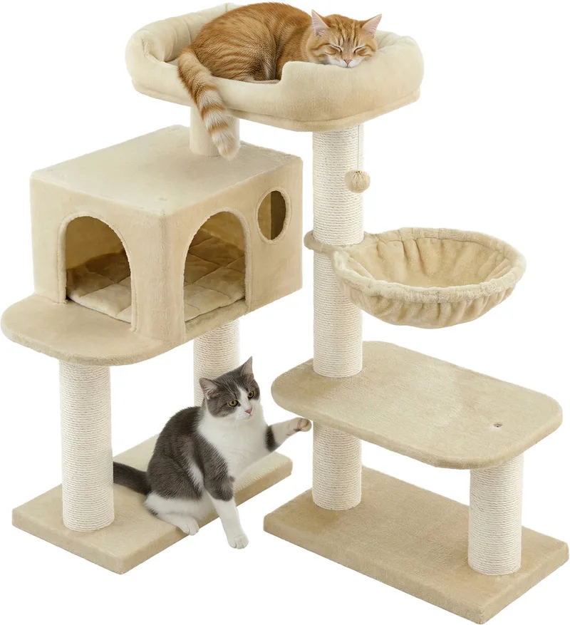 Krabpaal - Kattenboom - Voor Katten - 6 Extra Dikke Krabpalen - Grote Platform en Huisje de Feandrea en Beige – photo produit