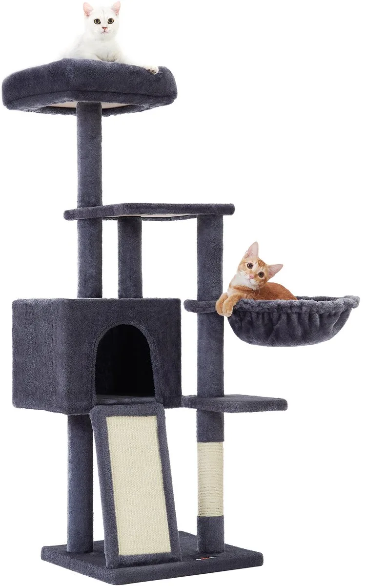 Krabpaal - Kattenboom - Voor Katten - Afneembare Wasbare Zitstok - Met Mand en Hol de Feandrea en Gris foncé – photo produit