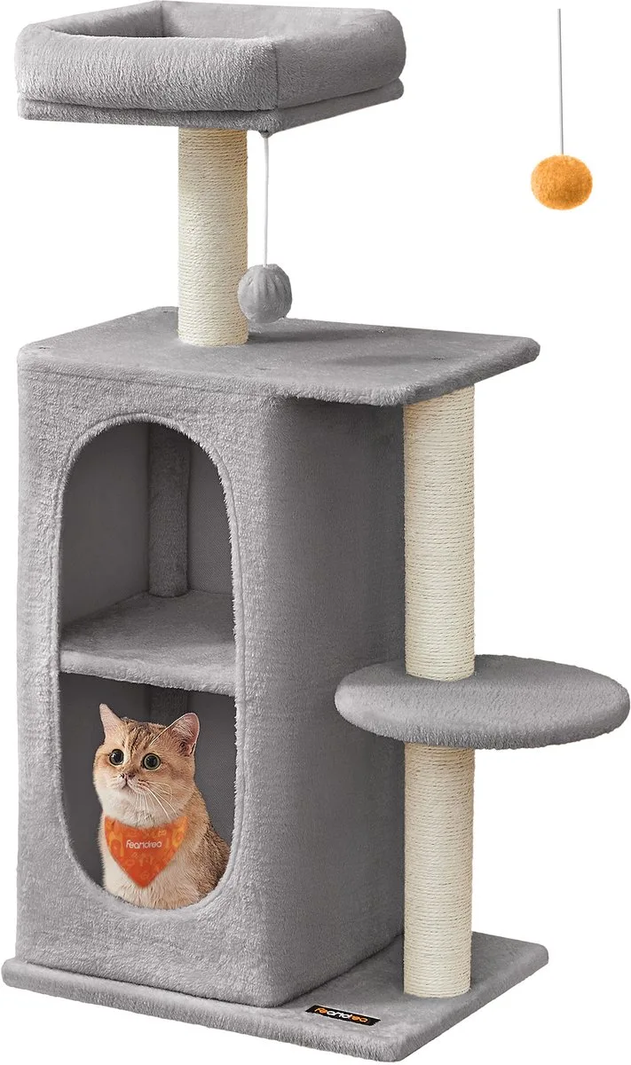 Krabpaal - Kattenboom - Voor Katten - Compacte - 2 Huisjes - Krabpalen de Feandrea en Gris clair – photo produit