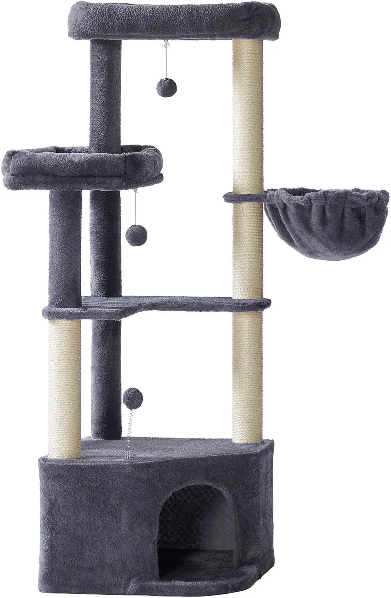 Krabpaal - Kattenboom - Voor Katten - Grote Knuffelgrot - Meerdere Platforms en Hangmat de Feandrea en Gris foncé – photo produit