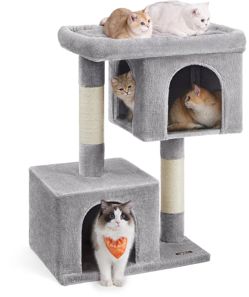Krabpaal - Kattenboom voor Katten - Grote Platform - 2 Kattenhuisjes - Sisalstammen de Feandrea en Gris clair – photo produit