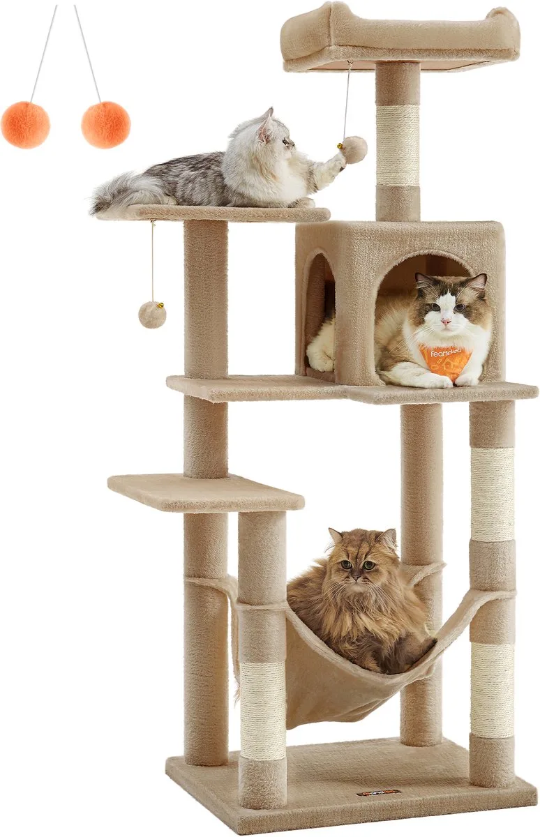 Krabpaal - Kattenboom - Voor Katten - Meerdere Lagen - 4 Krabpalen - Hangmat en Grot von Feandrea in Braun – Produktfoto