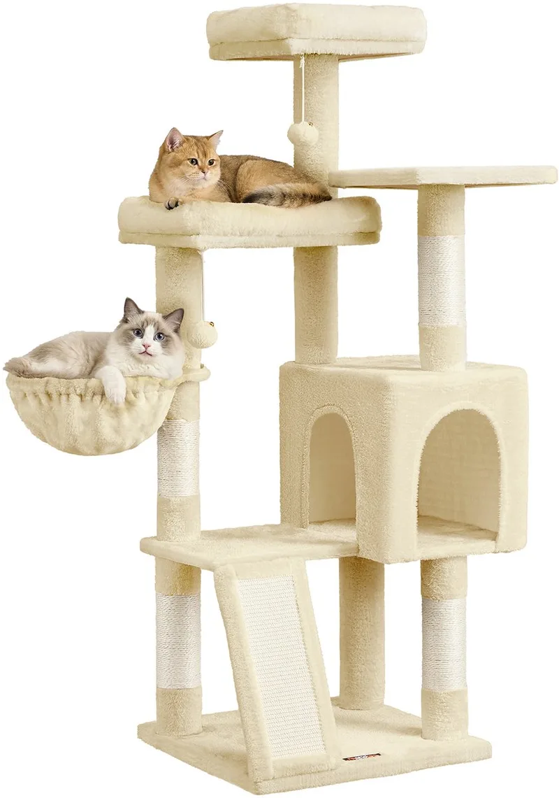 Krabpaal - Kattenboom - Voor Katten - Meerdere Niveaus - Met Krabpalen en Speelballen fra Feandrea i Beige – produktbillede
