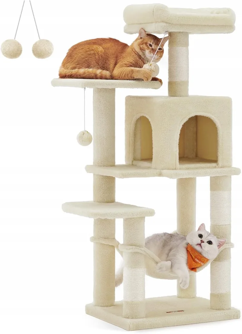 Krabpaal - Kattenboom voor Katten - Meerdere Verdiepingen - 4 Krabpalen en Hangmat by Feandrea in Beige – product photo