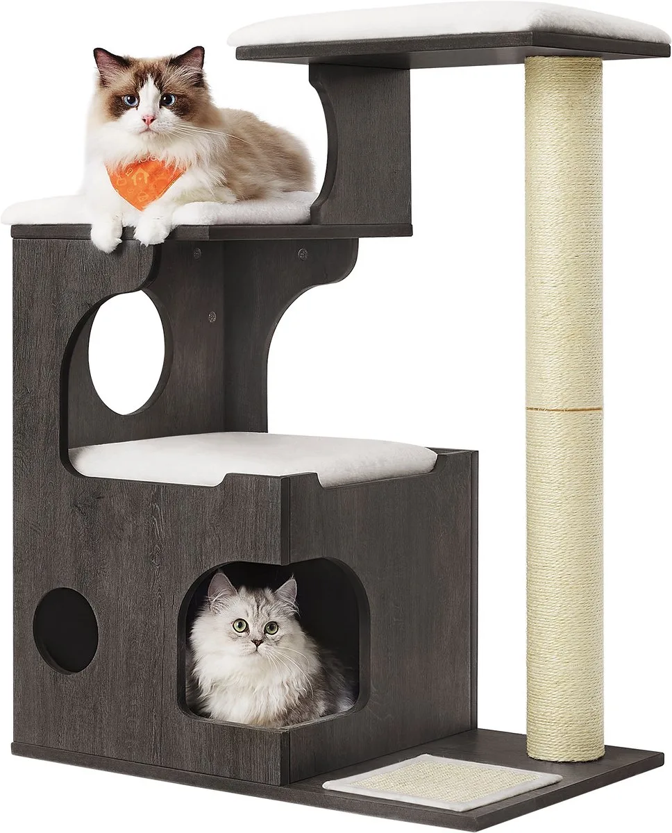 Krabpaal - Kattenboom - Voor Katten - Met Grot en Ligplatforms - Wasbare Pluche Kussens de Feandrea en Mistgrijs – photo produit