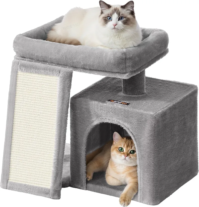 Krabpaal - Kattenboom - Voor Katten - Met Krabplank Kattenhuisje en Platform von Feandrea in Hellgrau – Produktfoto