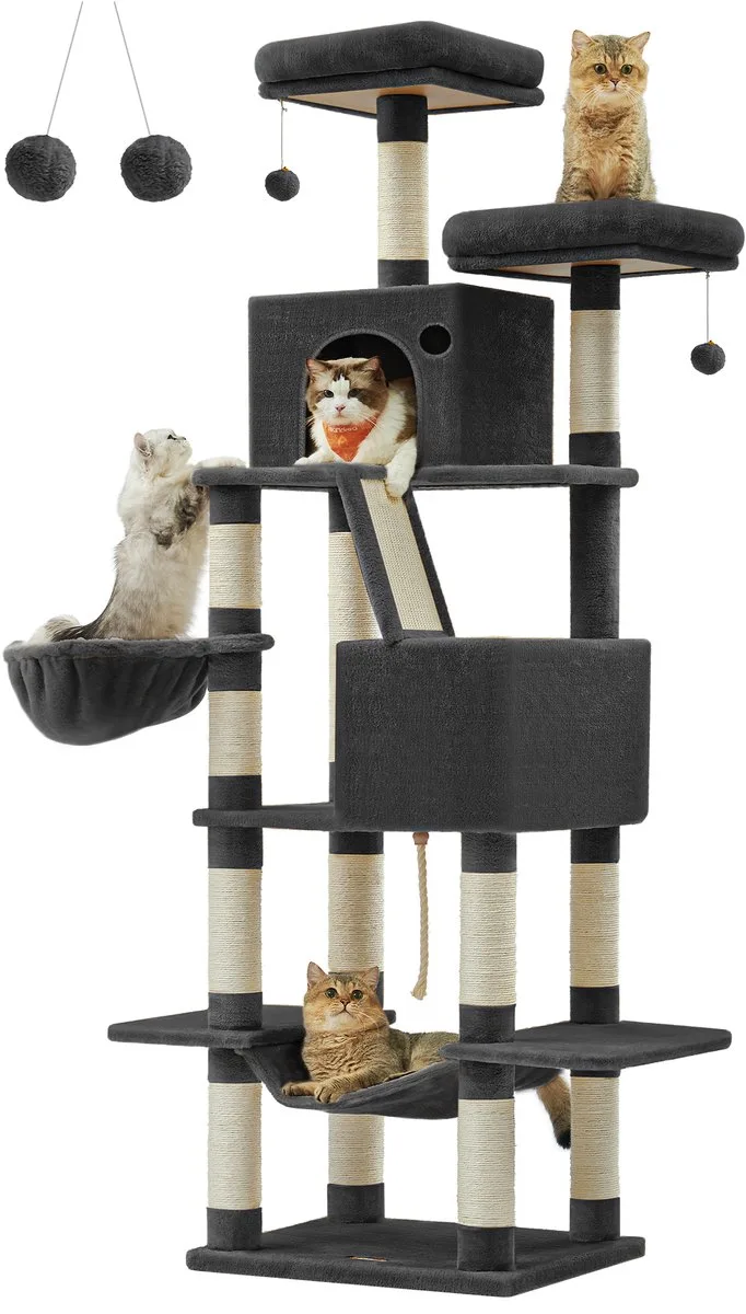 Krabpaal - Kattenboom - Voor Katten - XXL - 13 Krabpalen - 2 Grotten - Mand en Hangmat by Feandrea in Inktzwart – product photo