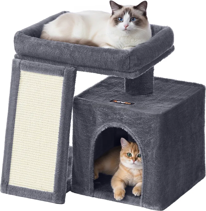 Krabpaal - Kattenboom - Voor Kleine Katten - Met Krabplank Kattenhuisje en Platform de Feandrea en Gris foncé – photo produit