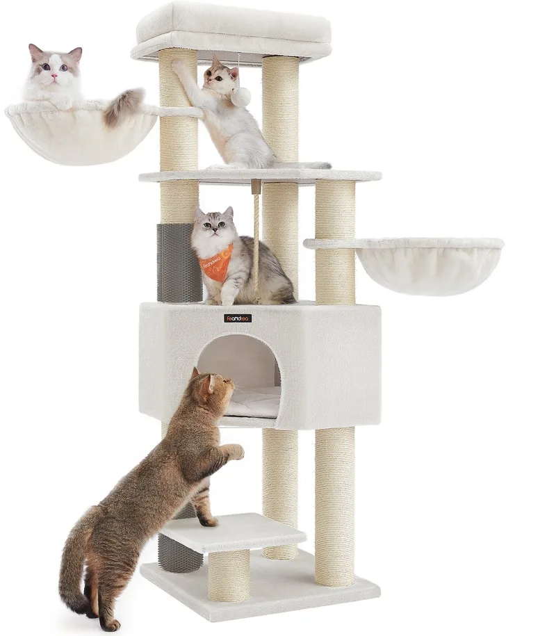 Krabpaal - Kattenboom - Zelfverwarmende Dekens - 2 Kattenborstels - Grote Platforms by Feandrea in Wit-Beige – product photo