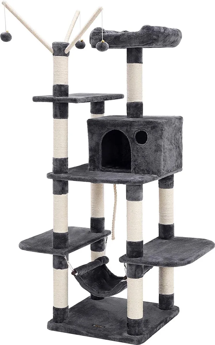 Krabpaal, klimboom XXL, stabiele krabpaal met hangmat, grot en sisal, groot uitkijkplatform, 154 cm by Feandrea in Rookgrijs – product photo