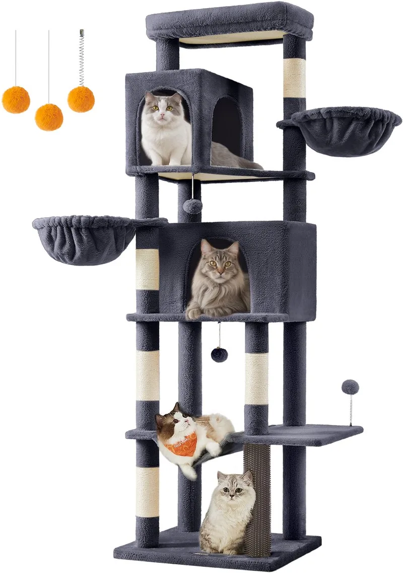 Krabpaal - Krabpaal voor Katten - 190.7 cm Hoog - 2 Grotten - 2 Ligmanden - 5 Krabstammen fra Feandrea i Mørkegrå – produktbillede