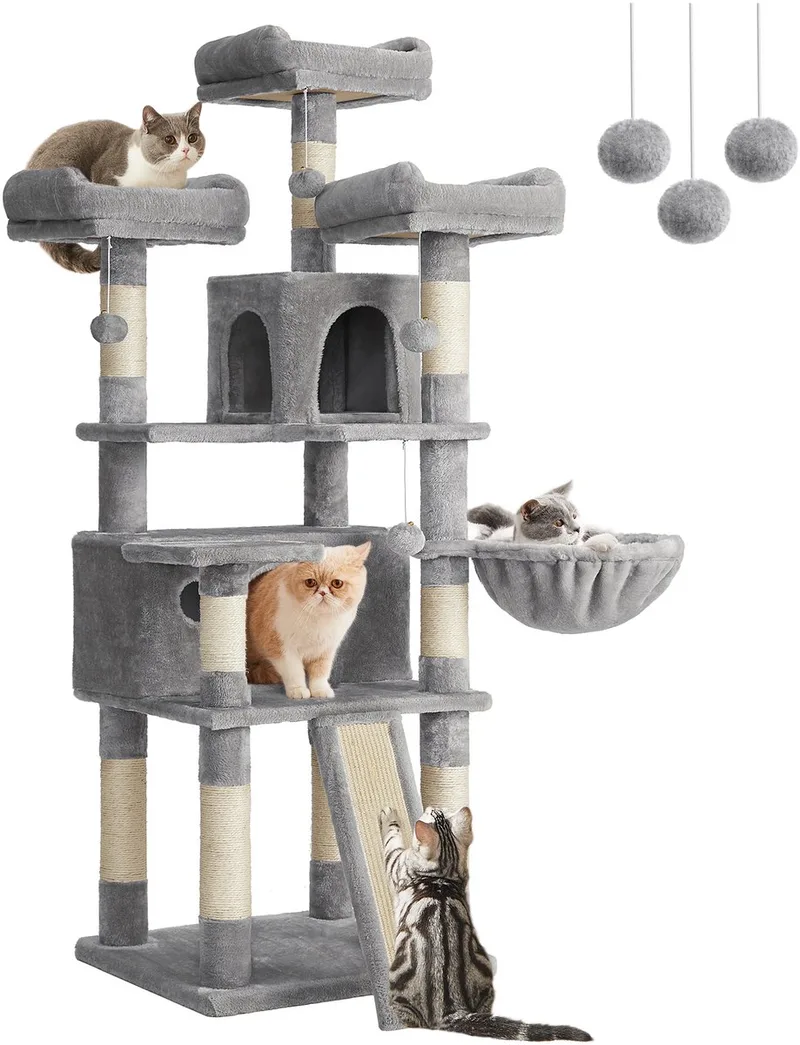 Krabpaal - Krabpaal voor Katten - XXL - 169 cm Hoog - Meerdere Speelniveaus de Feandrea en Gris clair – photo produit