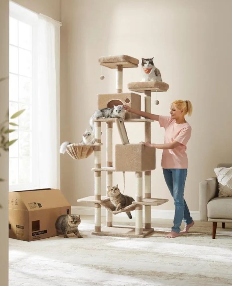 Krabpaal voor zware katten - Hoge krabpaal - Krabpaal boomstam - Krabpaal voor grote katten - Kat toren - Krabpaal plafond - Stevige krabpaal - Krabpaal voor katten - XXL - Katten verblijf by Feandrea in Kameel Bruin – product photo