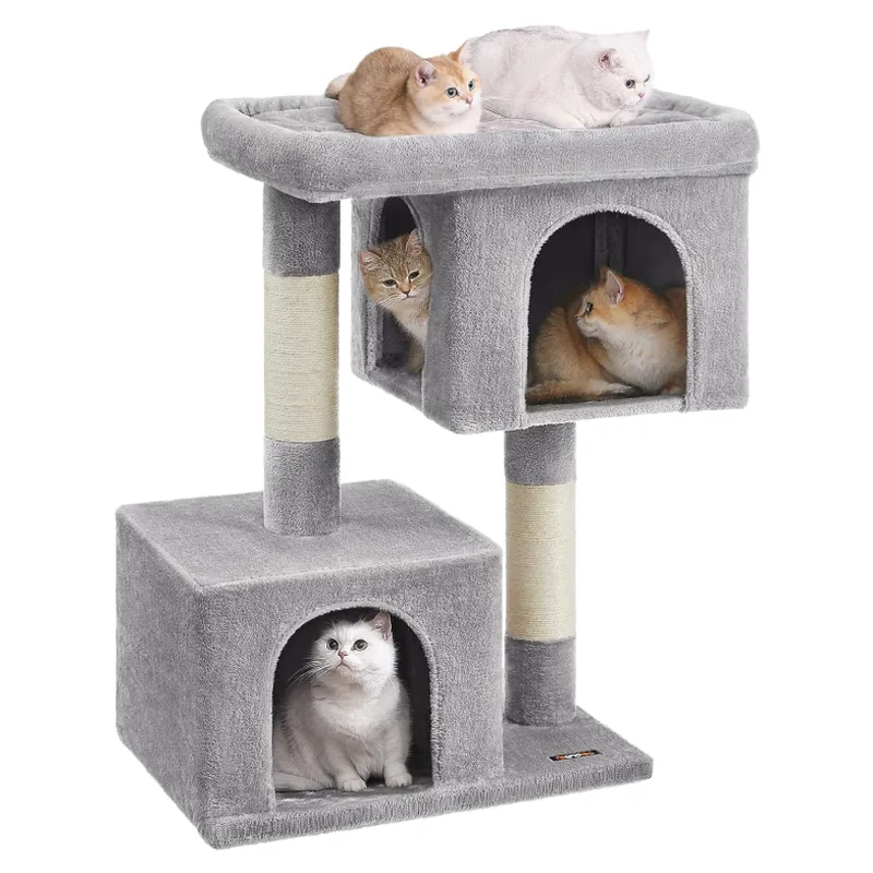 Kratzbaum, 101 cm Katzenbaum, XL, Katzenhaus für extra große Katzen bis zu 20 kg, große Katzenliege, 2 Katzenhöhlen, Kratzstamm, Hellgrau PCT614W01 von Feandrea – Produktfoto