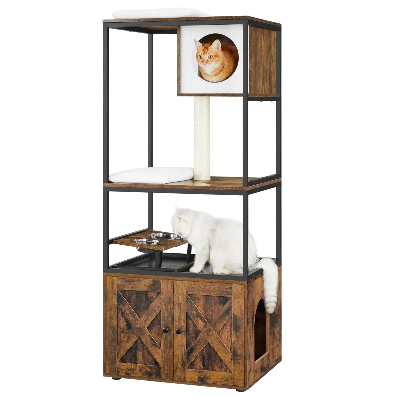 Kratzbaum 3-in-1 mit erhöhter Napfständer by Feandrea in Brown, Regular – product photo