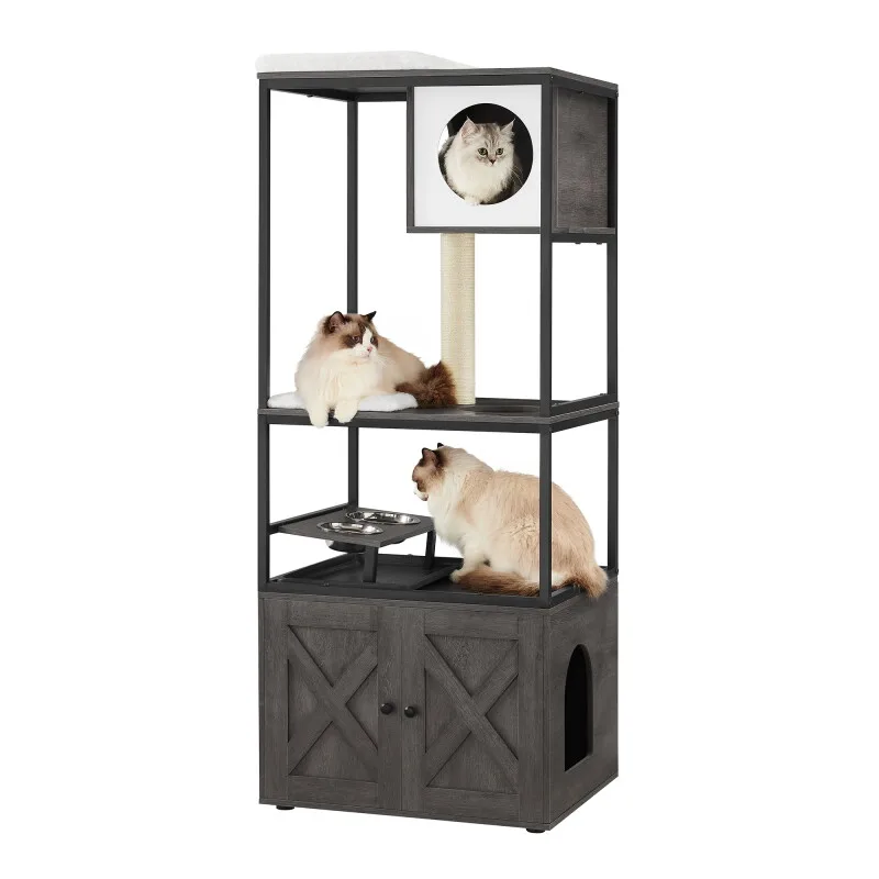 Kratzbaum 3-in-1 mit erhöhter Napfständer by Feandrea in Dark grey, Regular – product photo