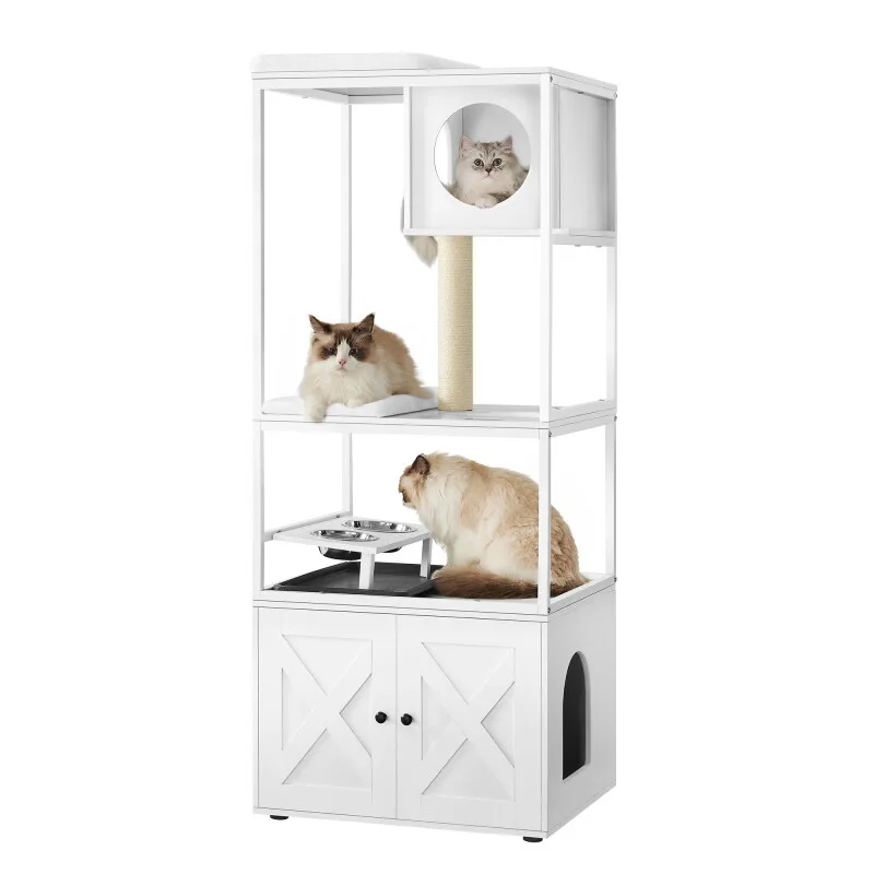 Kratzbaum 3-in-1 mit erhöhter Napfständer de Feandrea en Blanc, Regular – photo produit