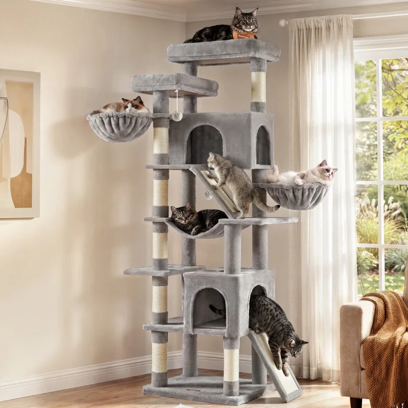 Kratzbaum groß,206cm hoch, für Große Katzen,Mehrkatzenhaushalt de Feandrea en Gris clair, Regular – photo produit