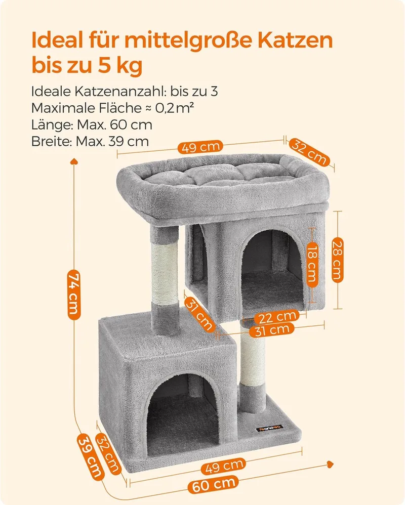 Kratzbaum, Katzenbaum mit großer Plattform und 2 Plüschhöhlen, Spielhaus, Kletterbaum für Katzen, hellgrau PCT61W von Feandrea in Hellgrau – Produktfoto