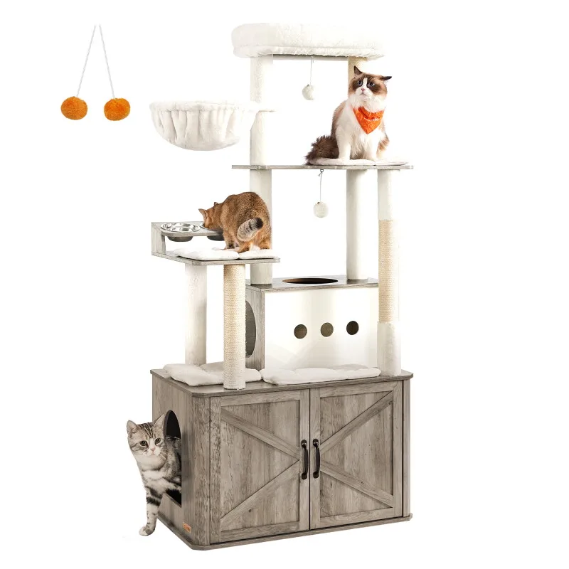 Kratzbaum Katzenklo-Schrank erhöhte Fressnäpfe grau/ weiß by Feandrea in Regular – product photo