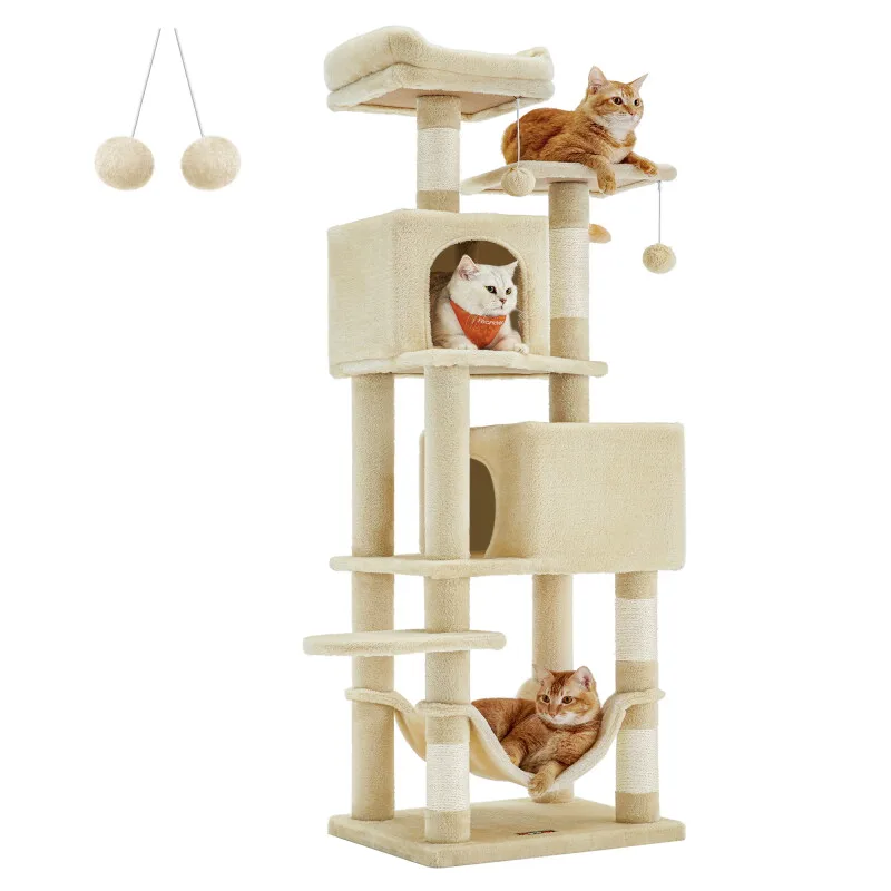 Kratzbaum mit weichem Plüsch und 2 Höhle 155 cm von Feandrea in Beige, Regular – Produktfoto