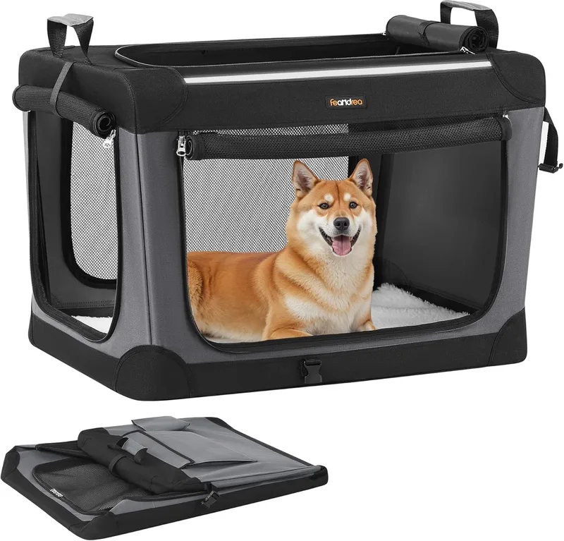 opvouwbare hondenbench, draagbare reisbench voor huisdieren voor middelgrote honden, 76,2 x 53,4 x 53,4 cm, Oxford stoffen huisdierendrager met gaasdeuren, opbergvak, inktzwart PDC017B01 by Feandrea in Black – product photo