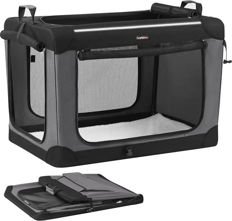 opvouwbare hondenmand, 91 cm transportbox voor grote honden, hondendraagtas, Oxford-stof, met 4 gaasdeuren, handgrepen, voervakken en waterfleshouder, PDC019B01 von Feandrea in Inktzwart – Produktfoto