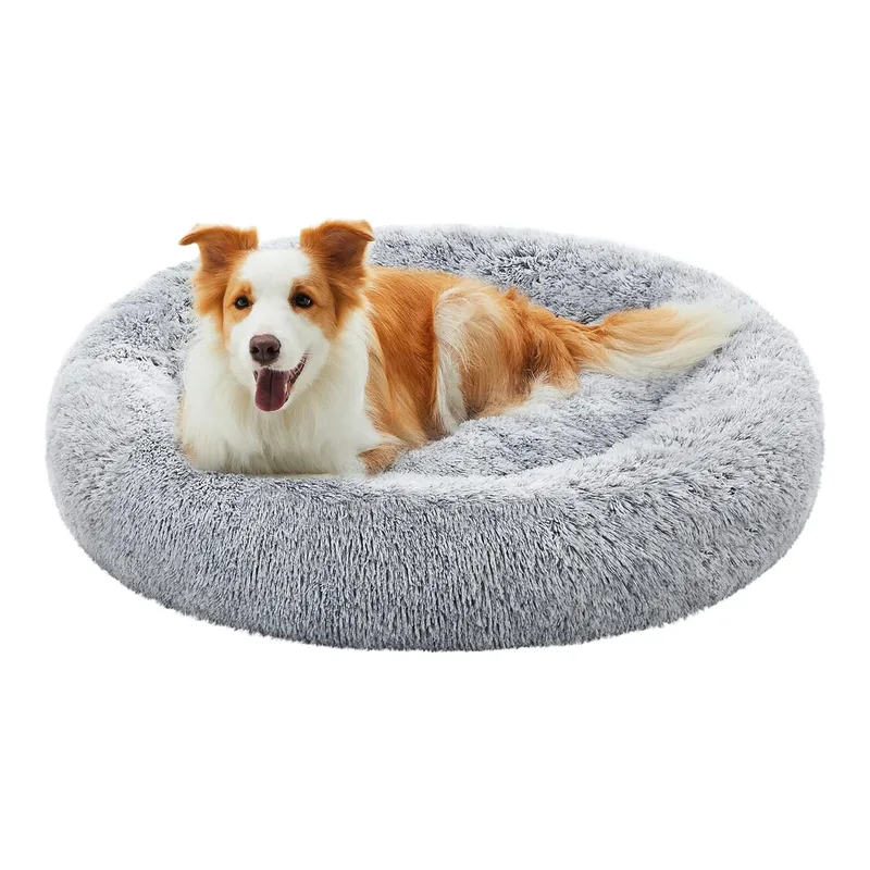 Panier pour Chien, Lit rond en Forme de Beignet, Canapé, Coussin Central Amovible et Lavable, Tissu Peluche Doux, Ø100 cm, Gris Ombré PGW042G01 de Feandrea – photo produit