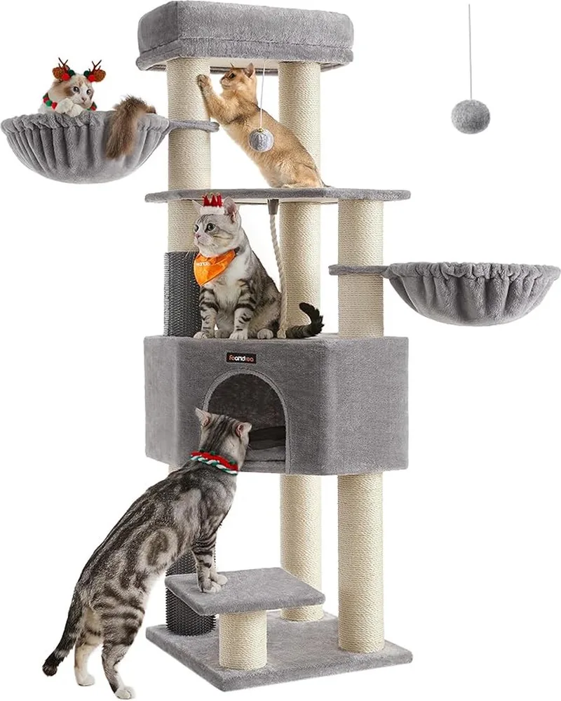 PCT003N01 Krabpaal met zelfverwarmende dekens, voor grote katten, kattenboom, 2 kattenborstels, 9 dikke stammen van 11,1 cm in diameter, grote platforms, hol, 50 x 50 x 160 cm fra Feandrea i Grå – produktbillede