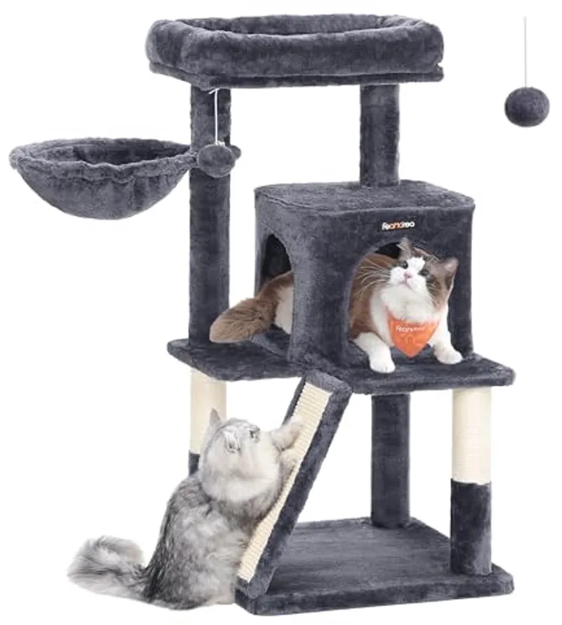 scratching post, scratching post with large platform, PCT51G by Feandrea in Smoke gray – product photo