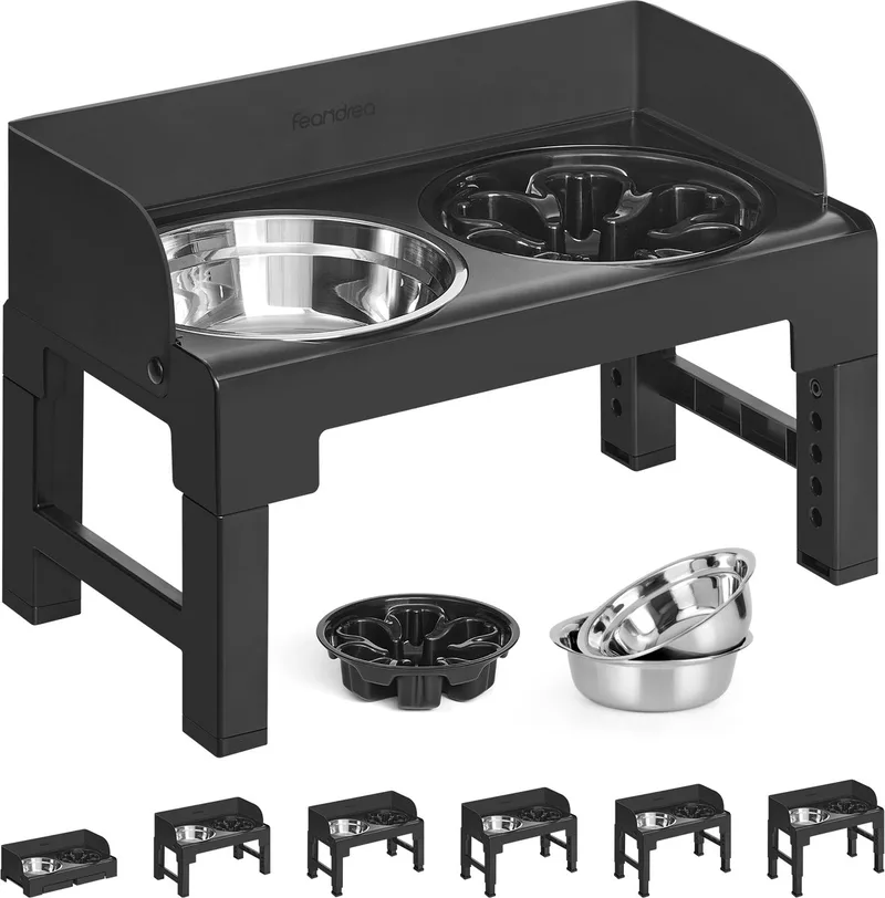Verhoogde Voerbak Hond - Verhoogde Hondenvoerbak met Frame - In Hoogte Verstelbaar en Kantelbaar - 2 RVS Bakken by Feandrea in Inktzwart – product photo