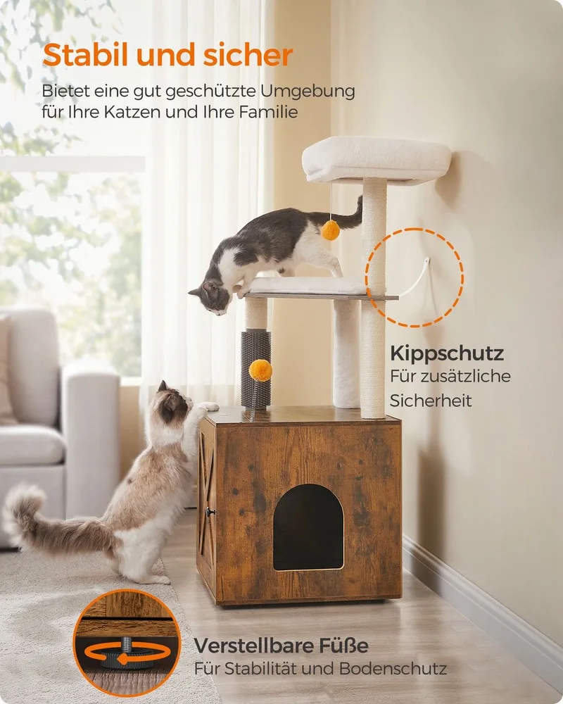 WoodyWonders Kratzbaum mit Katzenklo-Schrank, 2-in-1 moderner Katzenbaum, 134 cm, mit Croomer, Kratzsäulen, Plattform, waschbare Kissen, PCT115G01 de Feandrea en Greige – photo produit