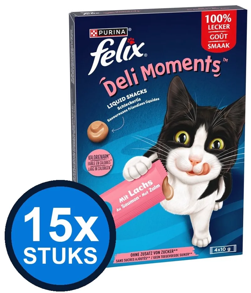 15x Felix - Deli Moments Liquid Snacks Zalm - Kattenvoer Snacks - 4x10g de Felix – photo produit