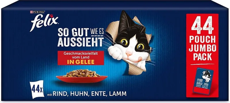 2 STUKEN FELIX Zo goed als het eruit ziet kattenvoer nat in gelei, variëteitenmix, verpakking van 2 * 44 (44 x 85 g) von Felix – Produktfoto