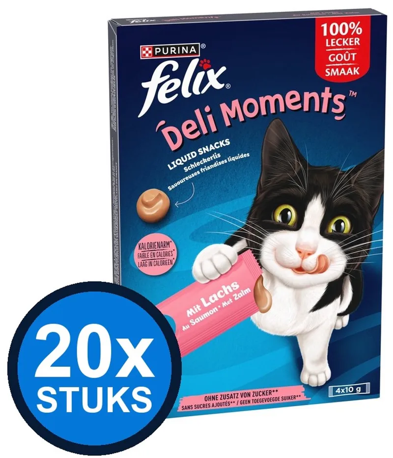 20x Felix - Deli Moments Liquid Snacks Zalm - Kattenvoer Snacks - 4x10g de Felix – photo produit