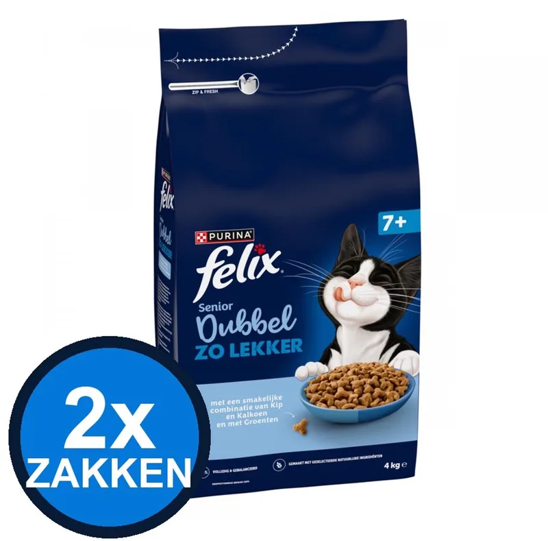 2x Felix - Dubbel Zo Lekker Senior Kip & Kalkoen - Kattenvoer Droogvoer - 4 kg von Felix – Produktfoto