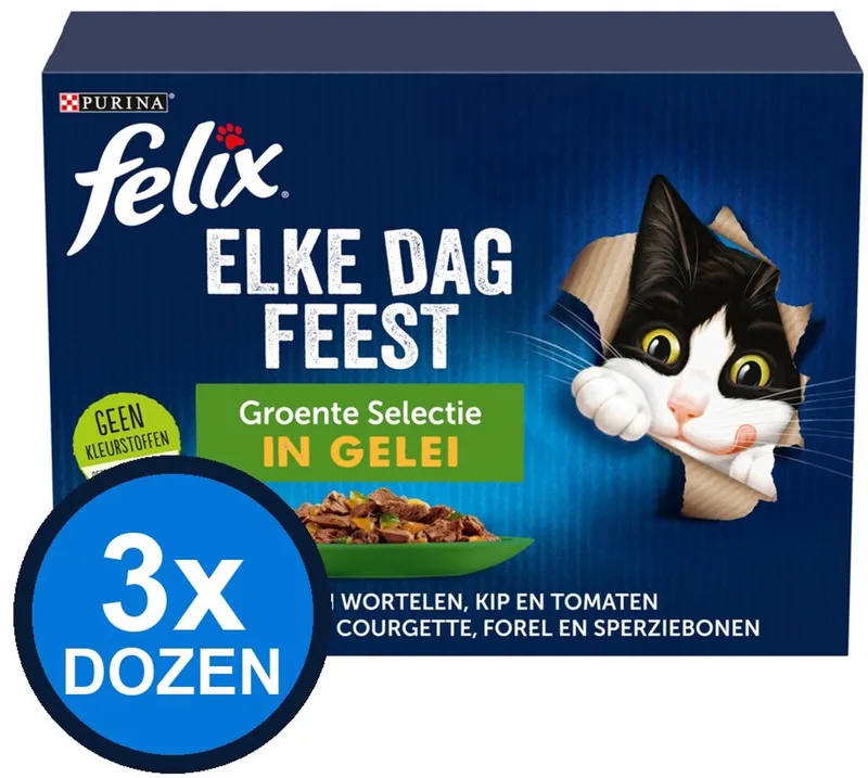 3x Felix - Elke Dag Feest Groente Selectie in Gelei - Kattenvoer Natvoer - 12x85g de Felix – photo produit