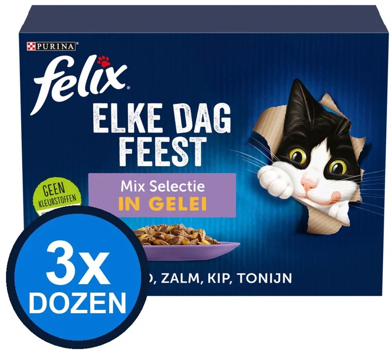 3x Felix - Elke Dag Feest Senior Mix Selectie in Gelei - Kattenvoer Natvoer - 12x85g fra Felix – produktbillede