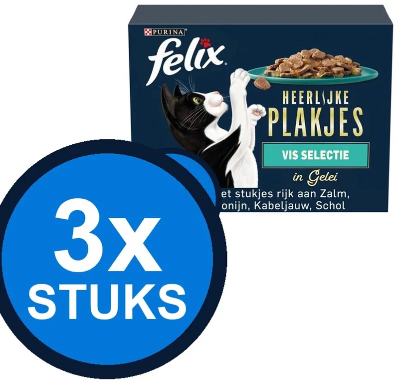 3x Felix - Heerlijke Plakjes Vis Selectie in Gelei - Kattenvoer Natvoer - 12x80g de Felix – photo produit