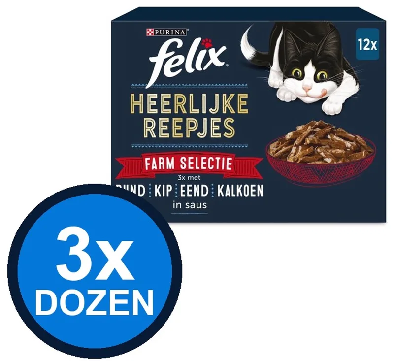 3x Felix - Heerlijke Reepjes Farm Selectie in Saus - Kattenvoer Natvoer - 12x80g de Felix – photo produit