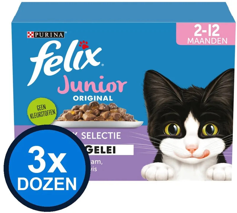 3x Felix - Original Junior Mix Selectie in Gelei - Kattenvoer Natvoer - 12x85g fra Felix – produktbillede