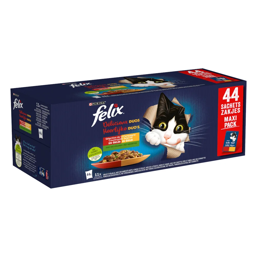 44x 85g Felix "Dubbel lekker - Zo goed als het eruit ziet" verschillende smaken van het land nat kattenvoer van Felix – productfoto