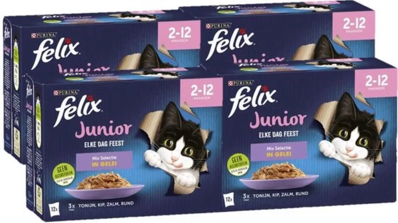 4x Felix - Elke Dag Feest Junior Mix Selectie in Gelei - Kattenvoer Natvoer - 12x85g de Felix – photo produit