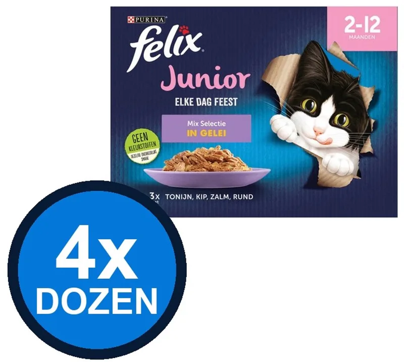 4x Felix - Elke Dag Feest Junior Mix Selectie in Gelei - Kattenvoer Natvoer - 12x85g von Felix – Produktfoto