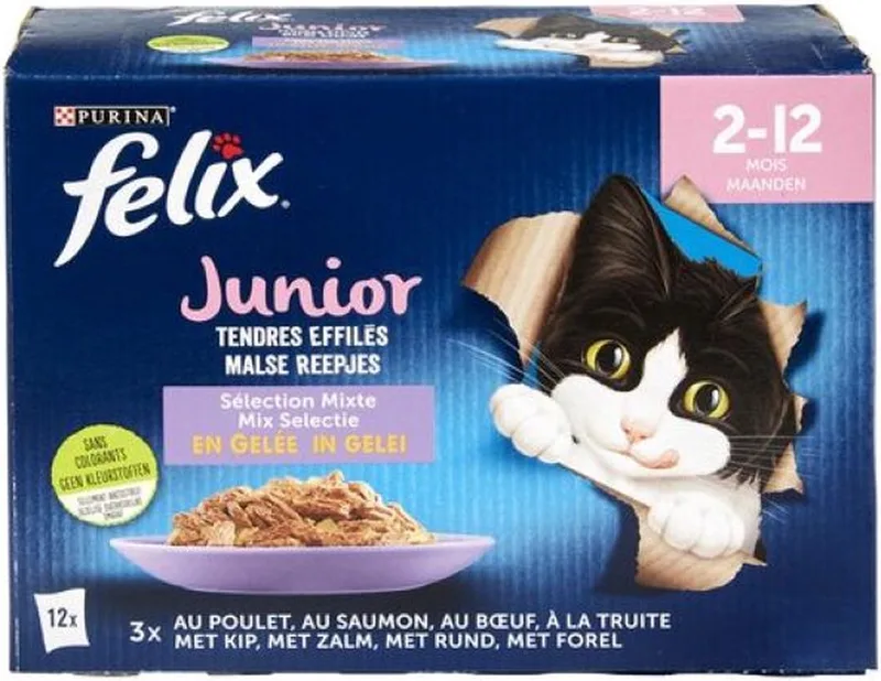 4x Felix in Gelei Junior (2-12m) Mix Selectie- Kattenvoer Natvoer - forel, Zalm ,Rund & Kip - 12x 85 g by Felix – product photo